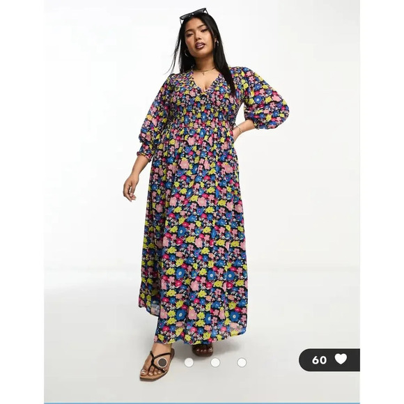 ASOS DESIGN Curve midi smock dress with shirred cuffs multi floral print Size 18 - Picture 1 of 5